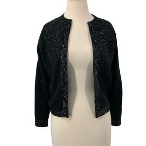Vintage Womens Black Beaded Sequins Angora/Lambswool Open Front Cardigan Size S